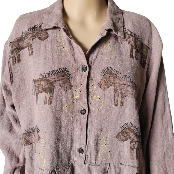 SOLDVintage FLAX Women's Linen Tunic Mauve w/ Horse Art, Boho Cottagecore Medium - Picture 10 of 11